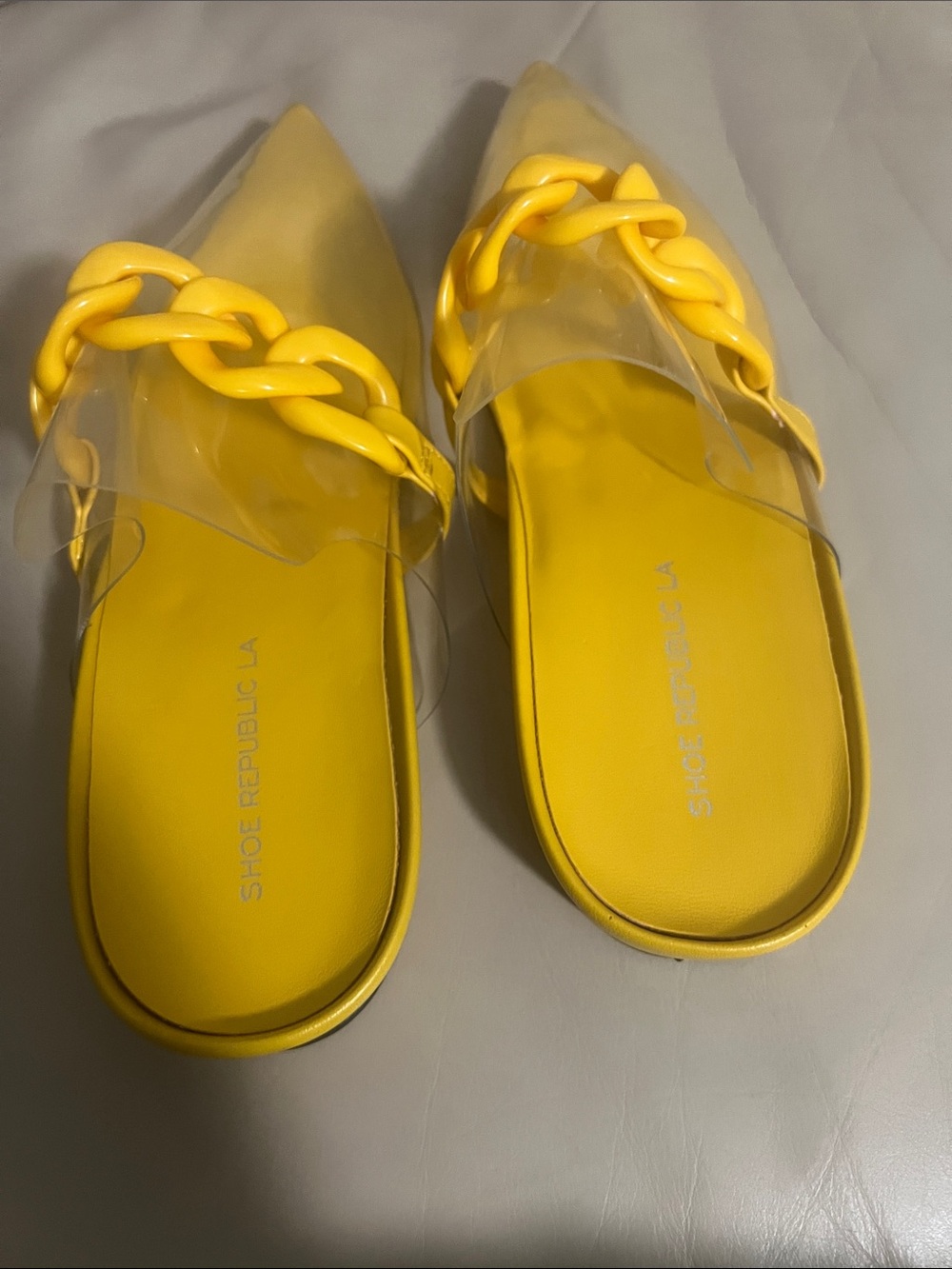 Shoe Republic LA Bright Yellow Chain-Trim Slide Mules